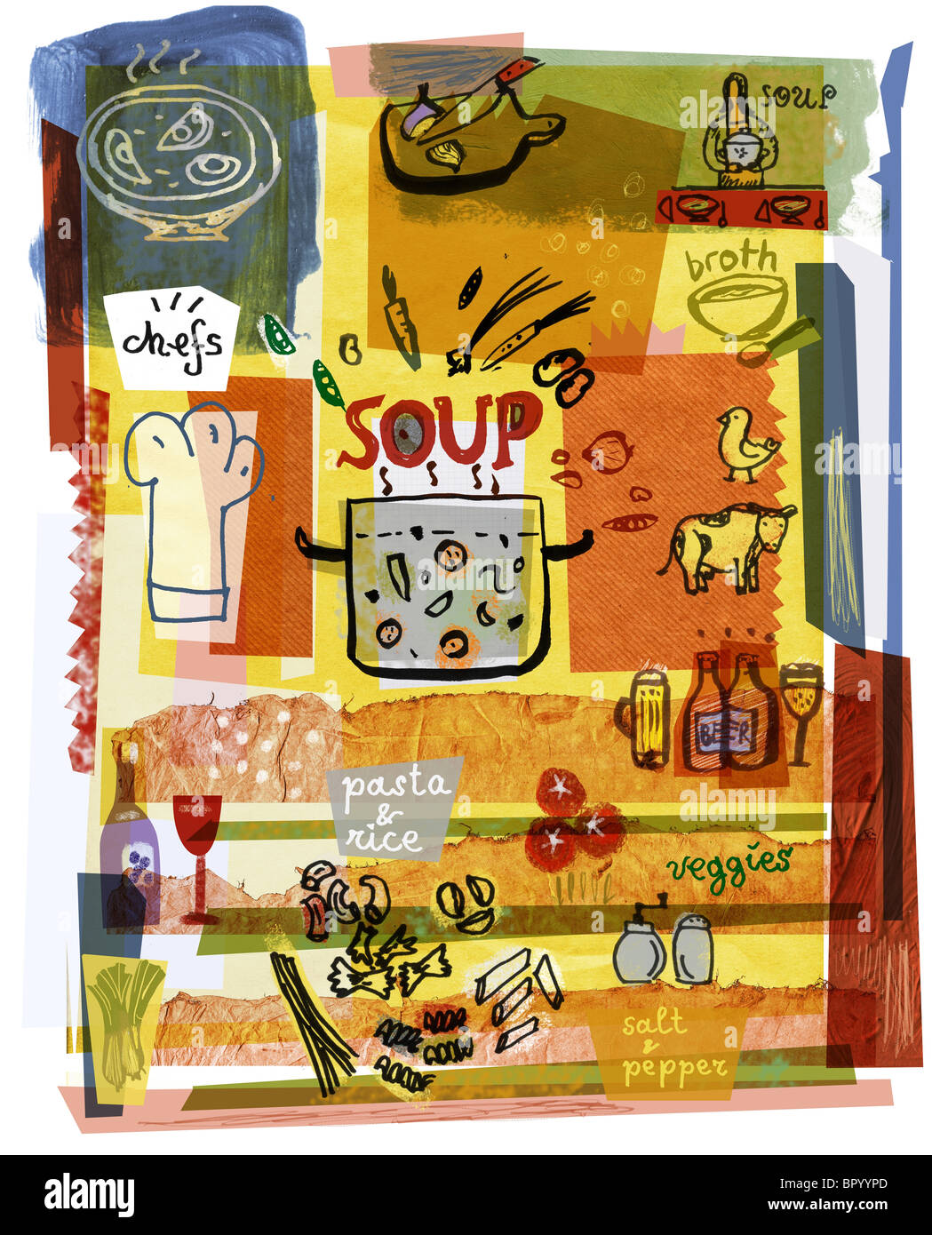 Collage illustrant la préparation de soupe Banque D'Images