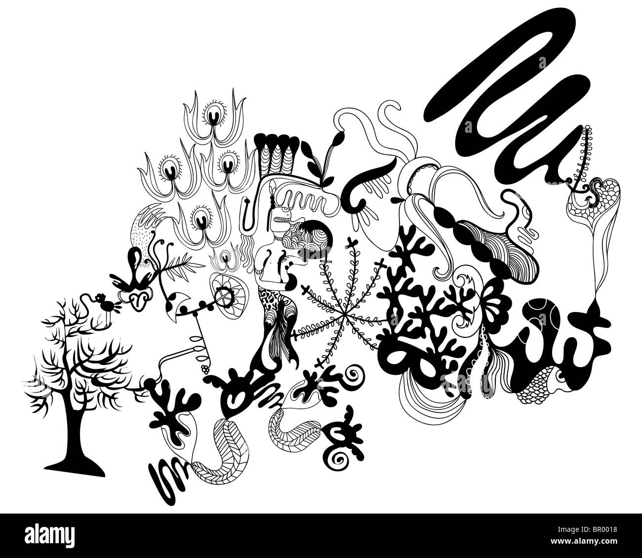 Abstract floral noir et blanc et motif d'oiseaux Banque D'Images