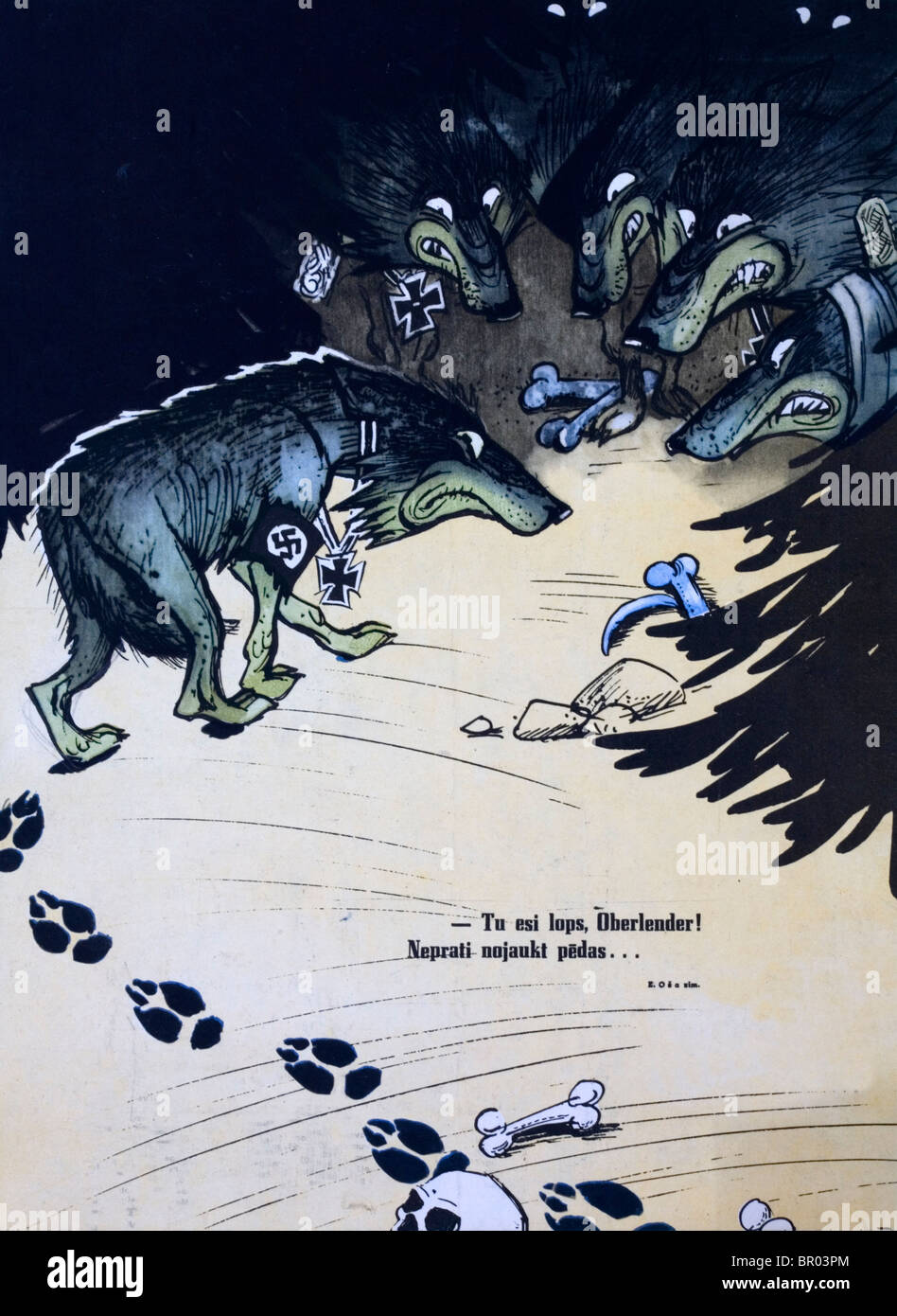 Longtemps après la Seconde Guerre mondiale, propagandistes soviétique de Lettonie rappeler l'occupation nazie à l'aide des loups ravisseurs portant des insignes nazis Banque D'Images