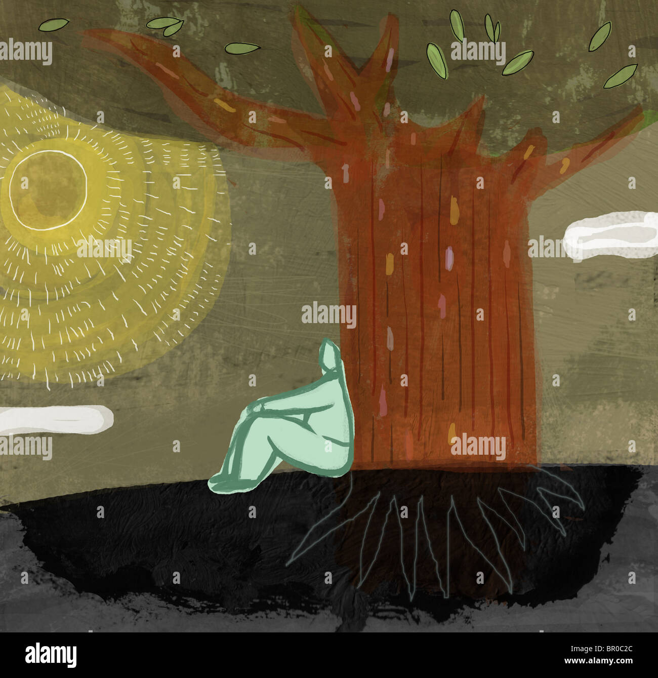 Une illustration d'un homme assis sous un grand arbre Banque D'Images