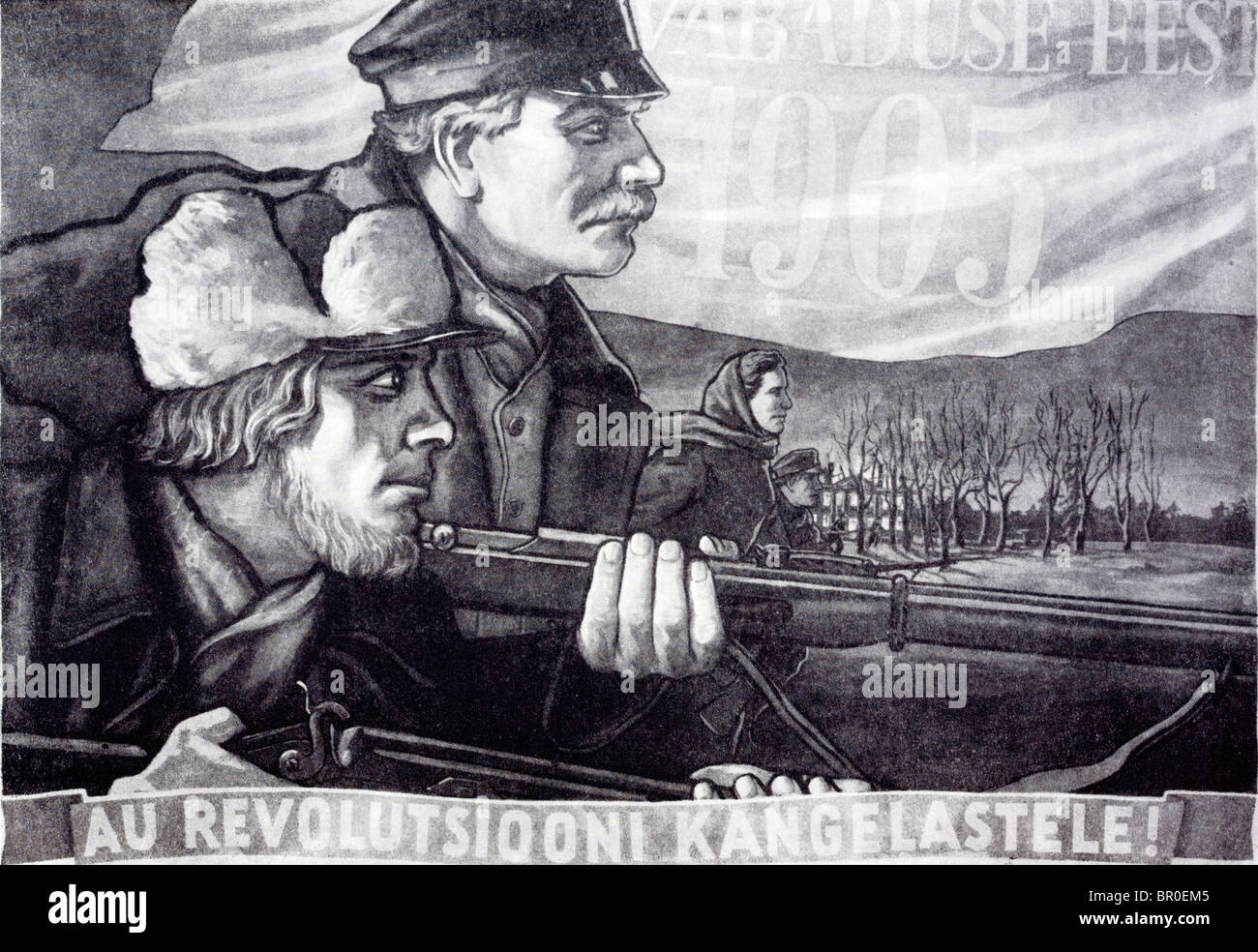Affiche de propagande soviétique à la révolution russe 1905 en estonien. . 'Au héros de la Révolution !" probablement Staline. Banque D'Images