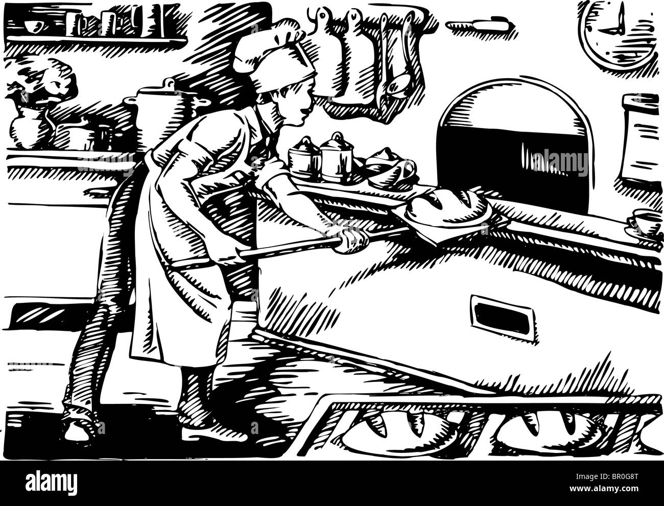 L'homme la cuisson du pain dans un four à l'ancienne noir et blanc Banque D'Images