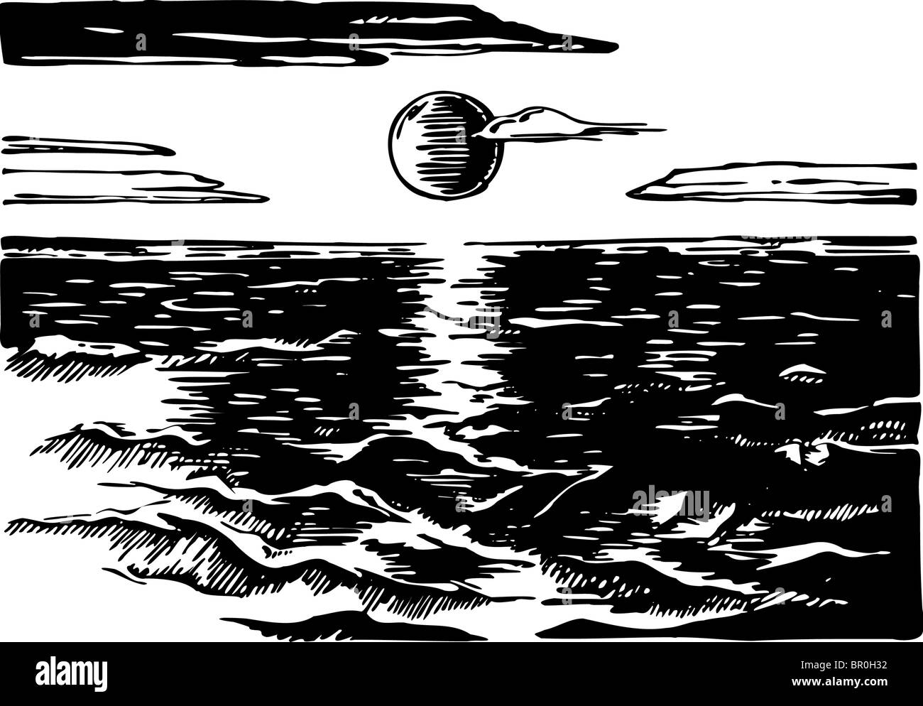 Un dessin en noir et blanc de l'océan au coucher du soleil Photo Stock -  Alamy