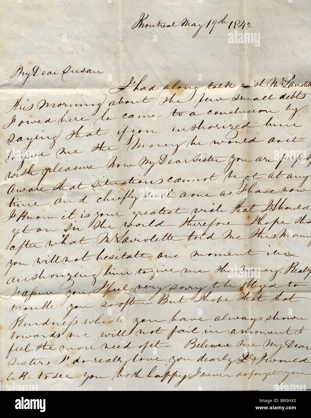 Une vieille lettre manuscrite de Montréal en 1842 Banque D'Images
