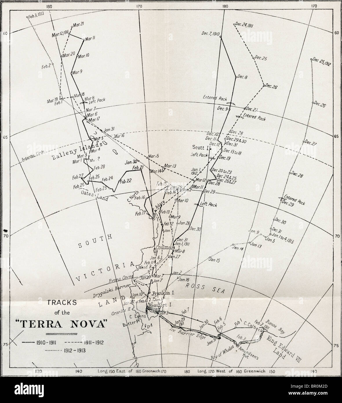 Carte montrant les traces de Robert Falcon Scott expédition Terra Nova de 1910 à 1913. Banque D'Images