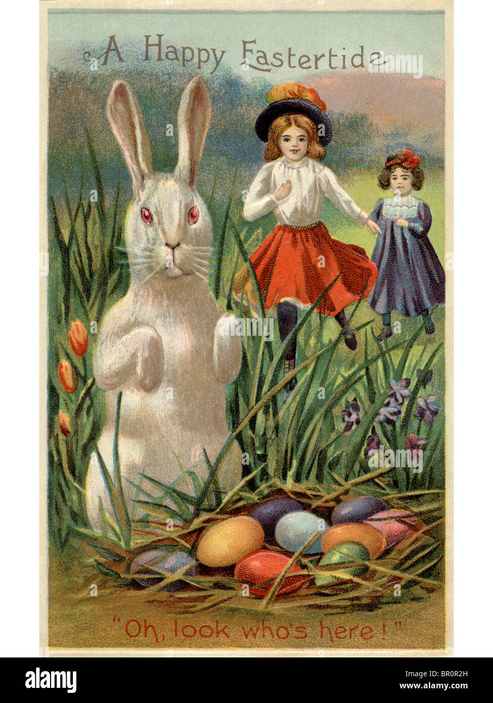 Une Carte Postale De Paques Vintage De Deux Filles Courir Vers Un Lapin Et Un Nid D Oeufs De Couleur Photo Stock Alamy Une Carte Postale De Paques Vintage De Deux Filles Courir Vers Un Lapin Et Un Nid D Oeufs De Couleur Photo Stock Alamy