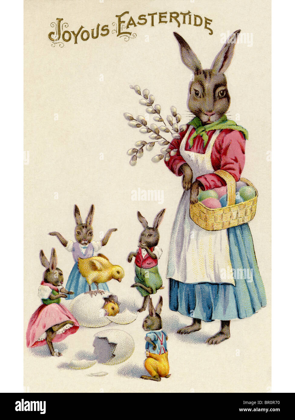 Une carte postale de Pâques vintage un lapin lapin et ses enfants jouant autour d'oeufs à couver Banque D'Images