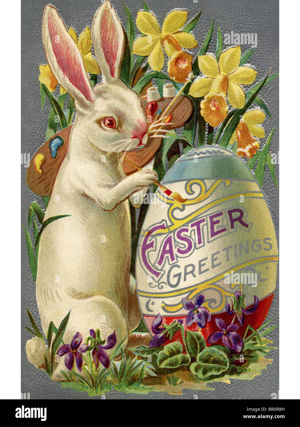 Une carte postale de Pâques vintage d'une peinture de lapin un oeuf Banque D'Images