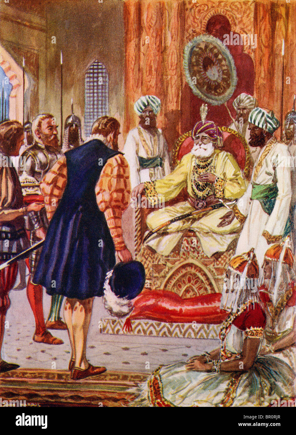 Vasco Da Gama visiter le Rajah de New Delhi, Inde en 1498. Vasco da Gama, premier comte de Vidigueira, c.1460 ou 1469 à 1524. Banque D'Images
