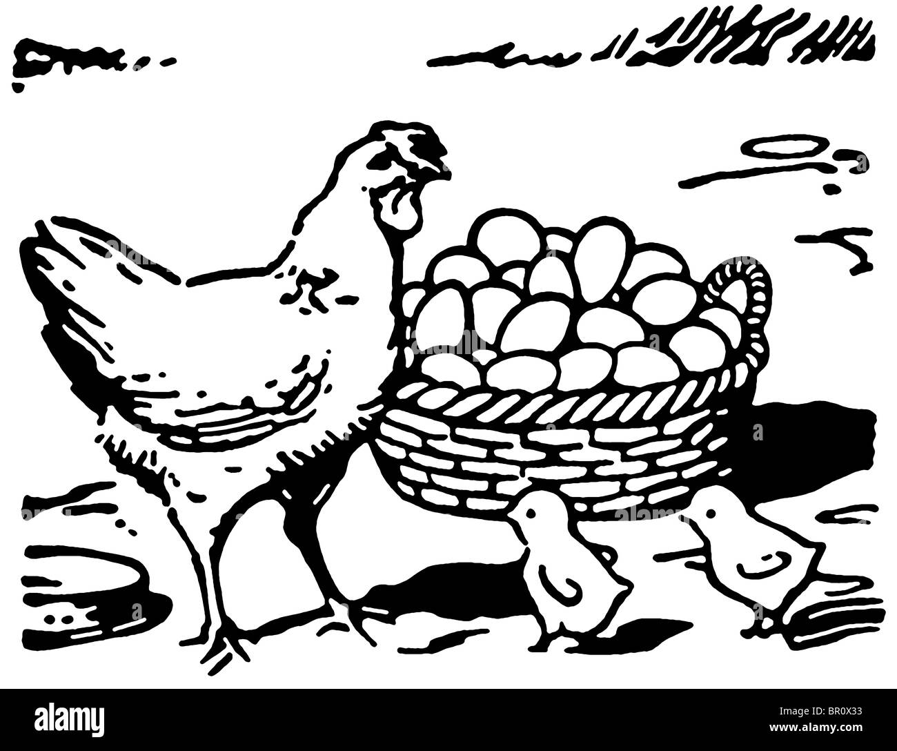 Une version noir et blanc d'une illustration d'une poule avec deux petits poussins et un grand panier d'œufs Banque D'Images