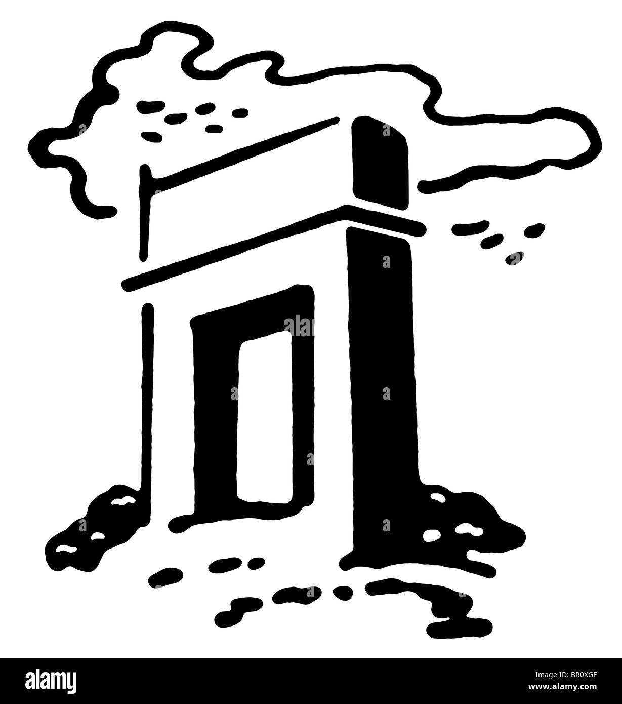 Une version noir et blanc d'une illustration d'une structure de béton soutenu par des nuages Banque D'Images
