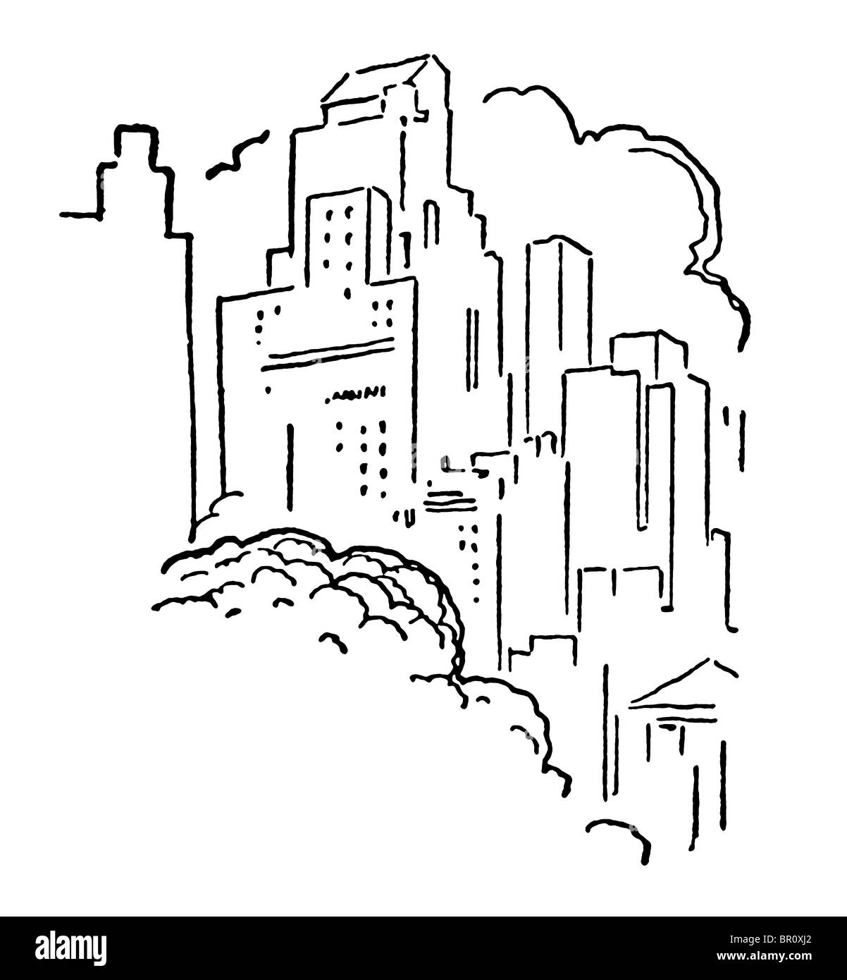 Une version noir et blanc d'une ligne de ciel ville encombrée Banque D'Images