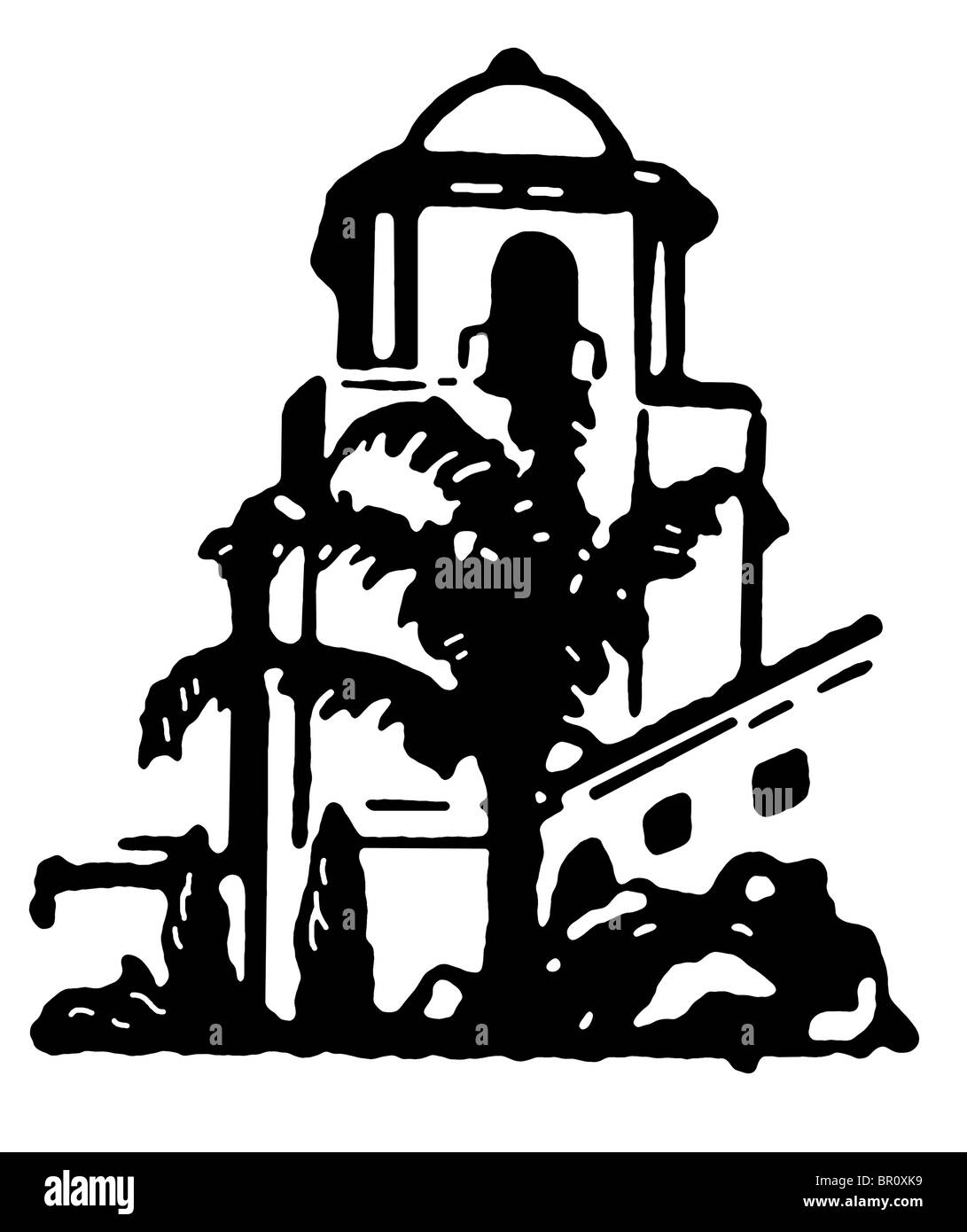 Une version noir et blanc d'une illustration d'un bâtiment en pierre avec un grand palmier au premier plan Banque D'Images