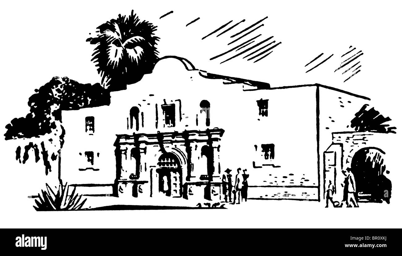 Une version noir et blanc d'une illustration d'un bâtiment d'inspiration mexicaine Banque D'Images