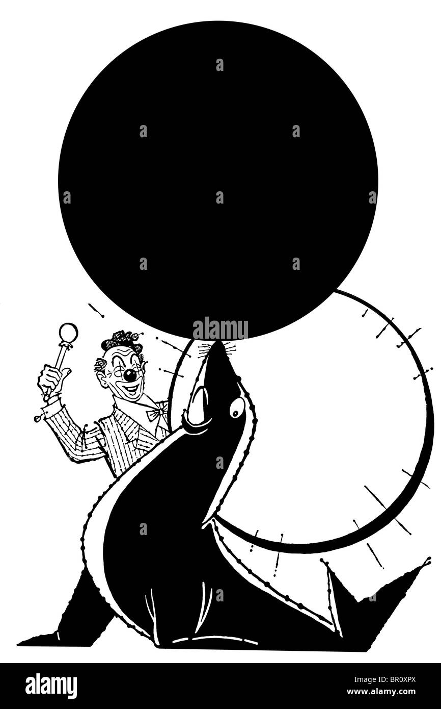 Une version noir et blanc d'un clown de la formation d'un sceau pour équilibrer un ballon sur son nez Banque D'Images