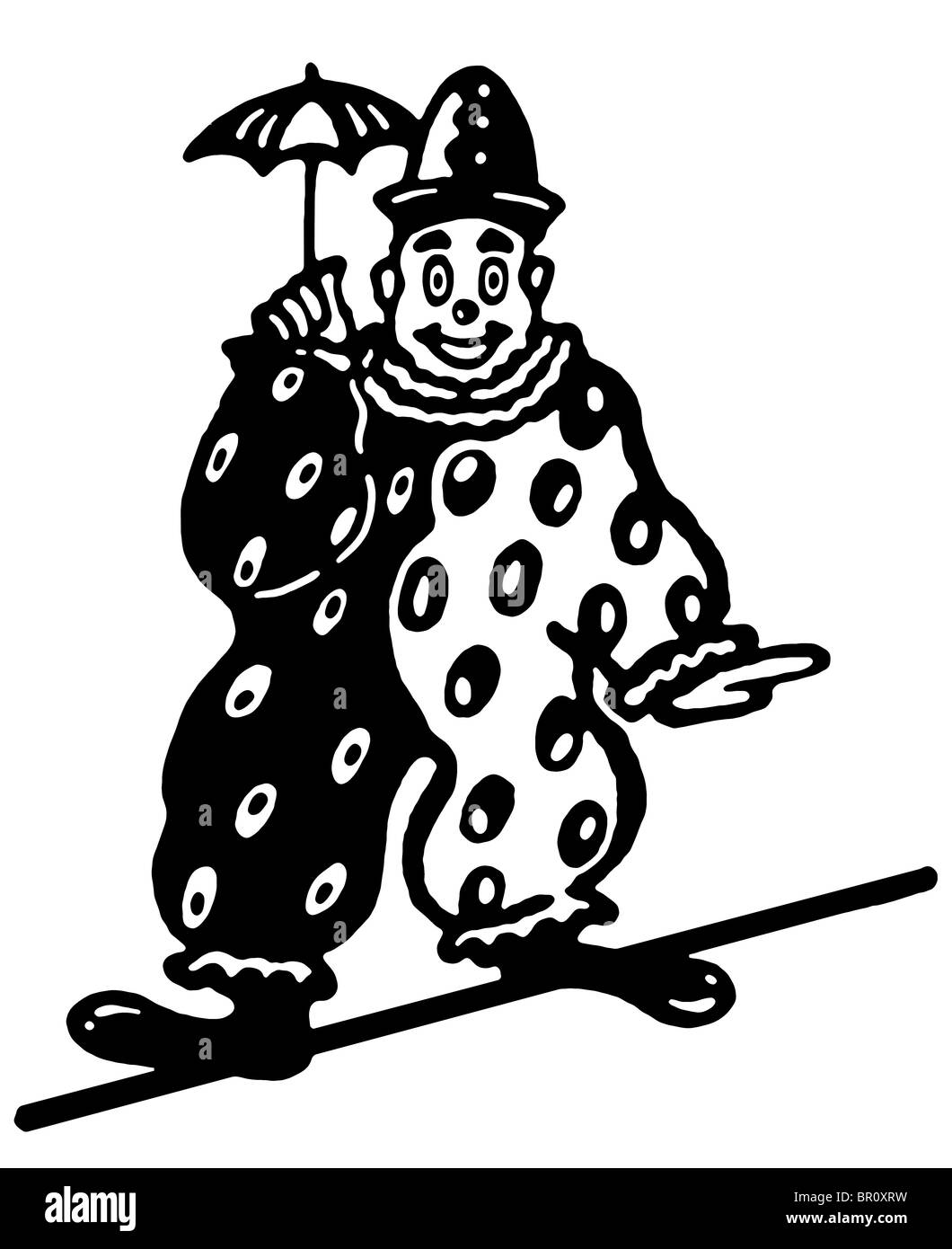 Une version noir et blanc d'une illustration d'un clown sur une corde raide Banque D'Images