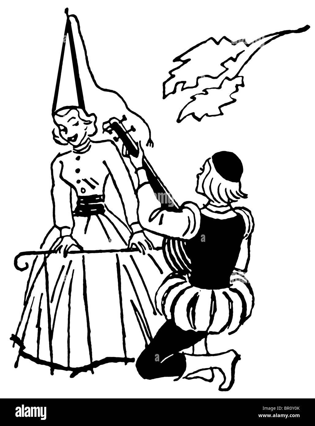 Une version noir et blanc d'une illustration d'une sérénade homme femme durant la période renaissance Banque D'Images Une version noir et blanc d'une illustration d'une sérénade homme femme durant la période renaissance Banque D'Images