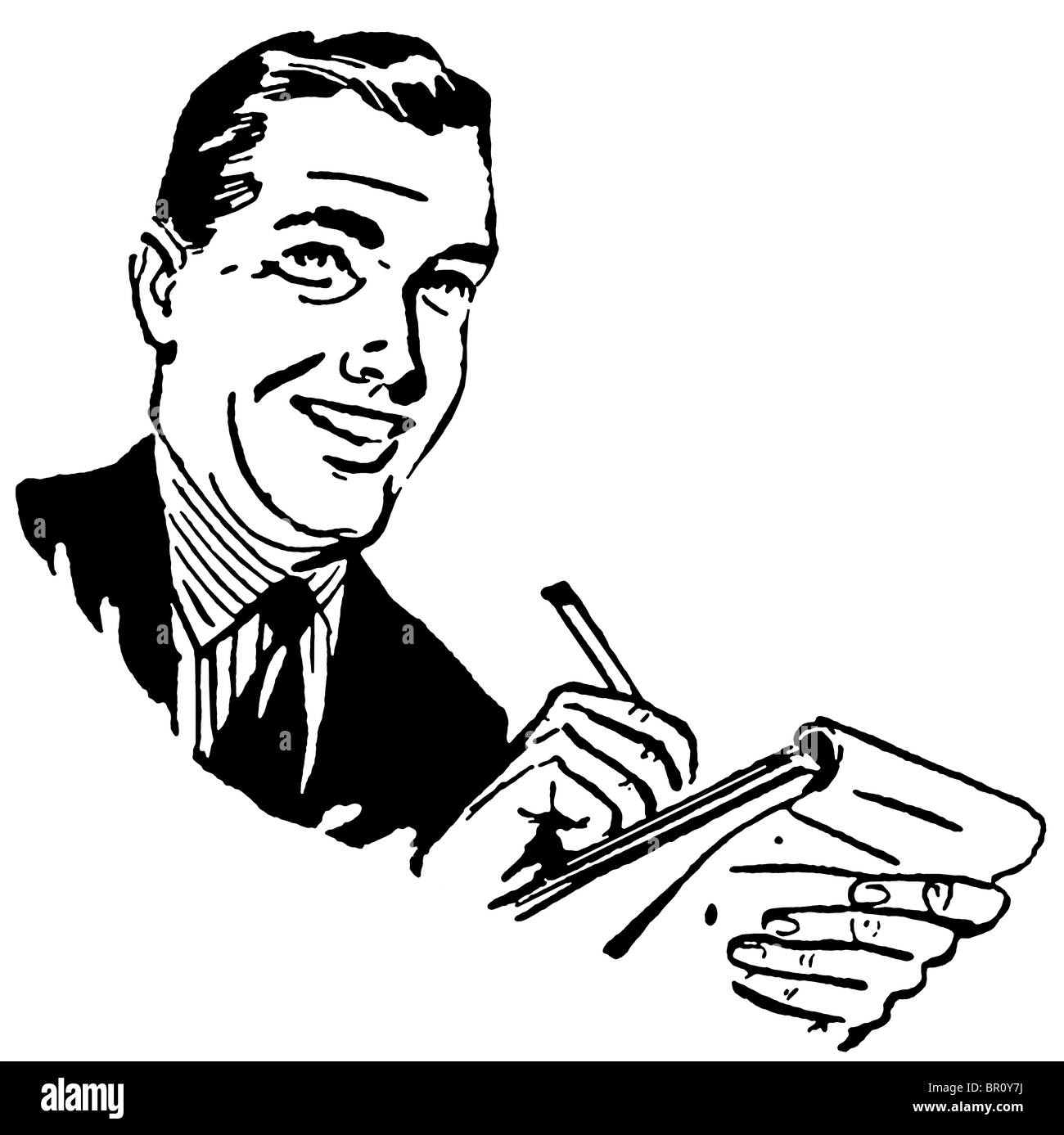 Une version noir et blanc d'un homme d'affaires dans un cahier d'écriture Banque D'Images