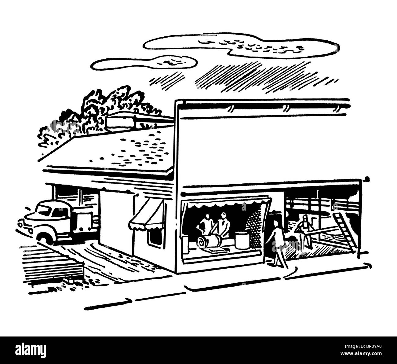 Une version noir et blanc d'une illustration d'une vitrine Banque D'Images