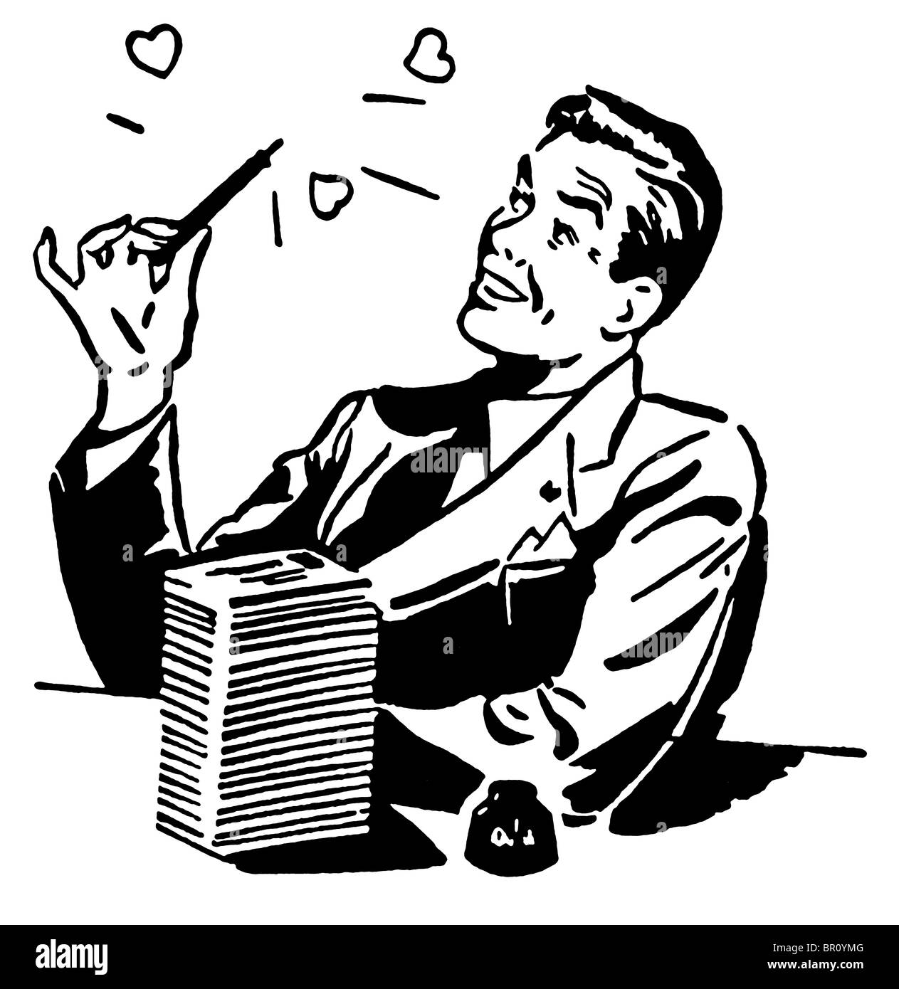 Une version noir et blanc d'une illustration graphique de l'homme assis à son bureau avec un stylo encre et gros tas de lettres Banque D'Images