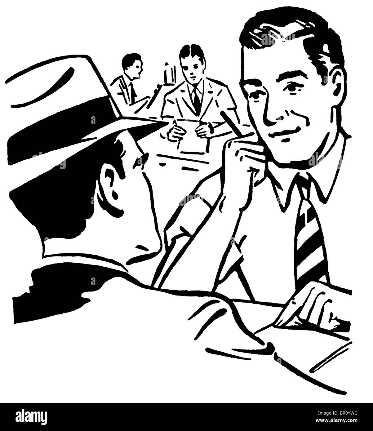 Une version noir et blanc d'une illustration graphique de deux hommes faisant une transaction commerciale Banque D'Images