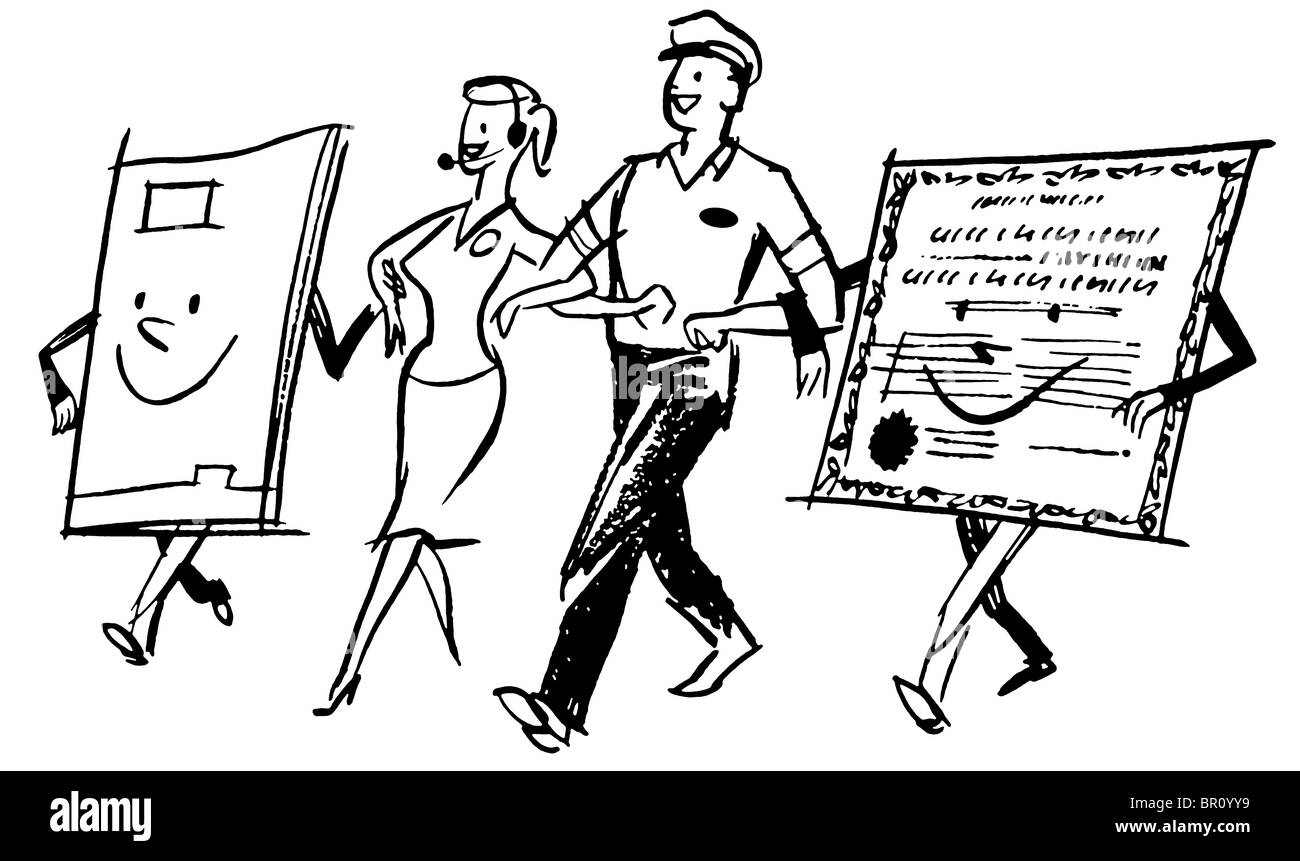 Une version noir et blanc d'un homme et femme livraison marche main dans la main avec du caractère en papier Banque D'Images
