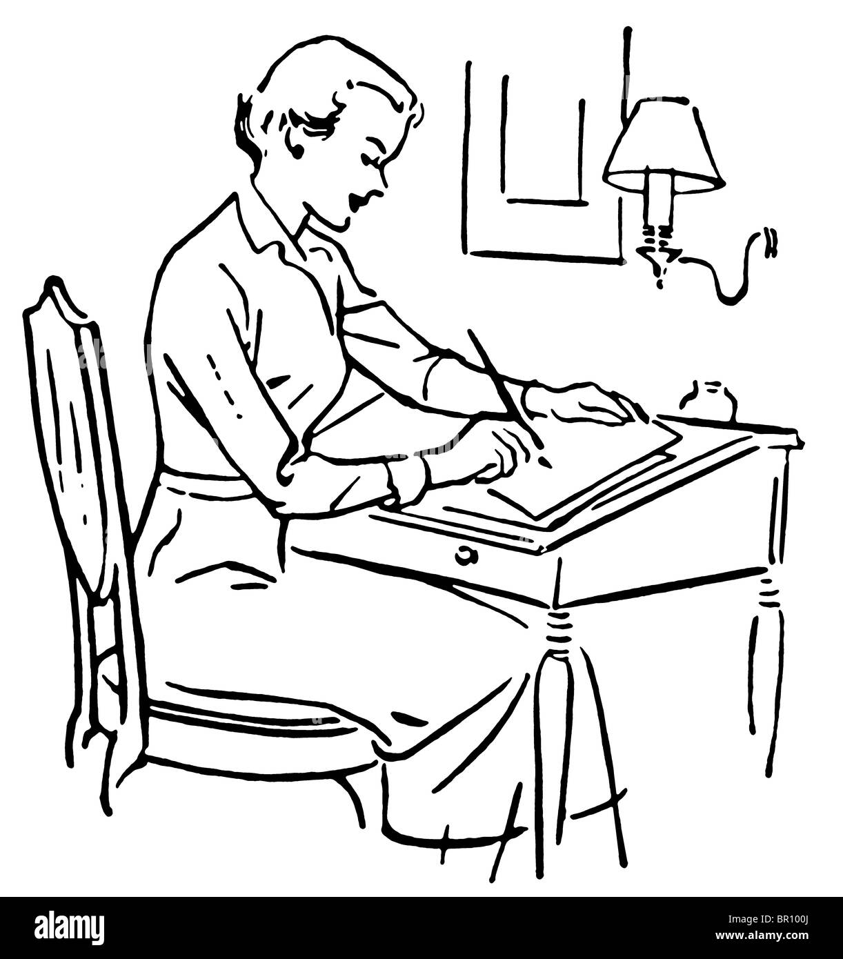 Une version noir et blanc d'un dessin d'une femme à un bureau Banque D'Images