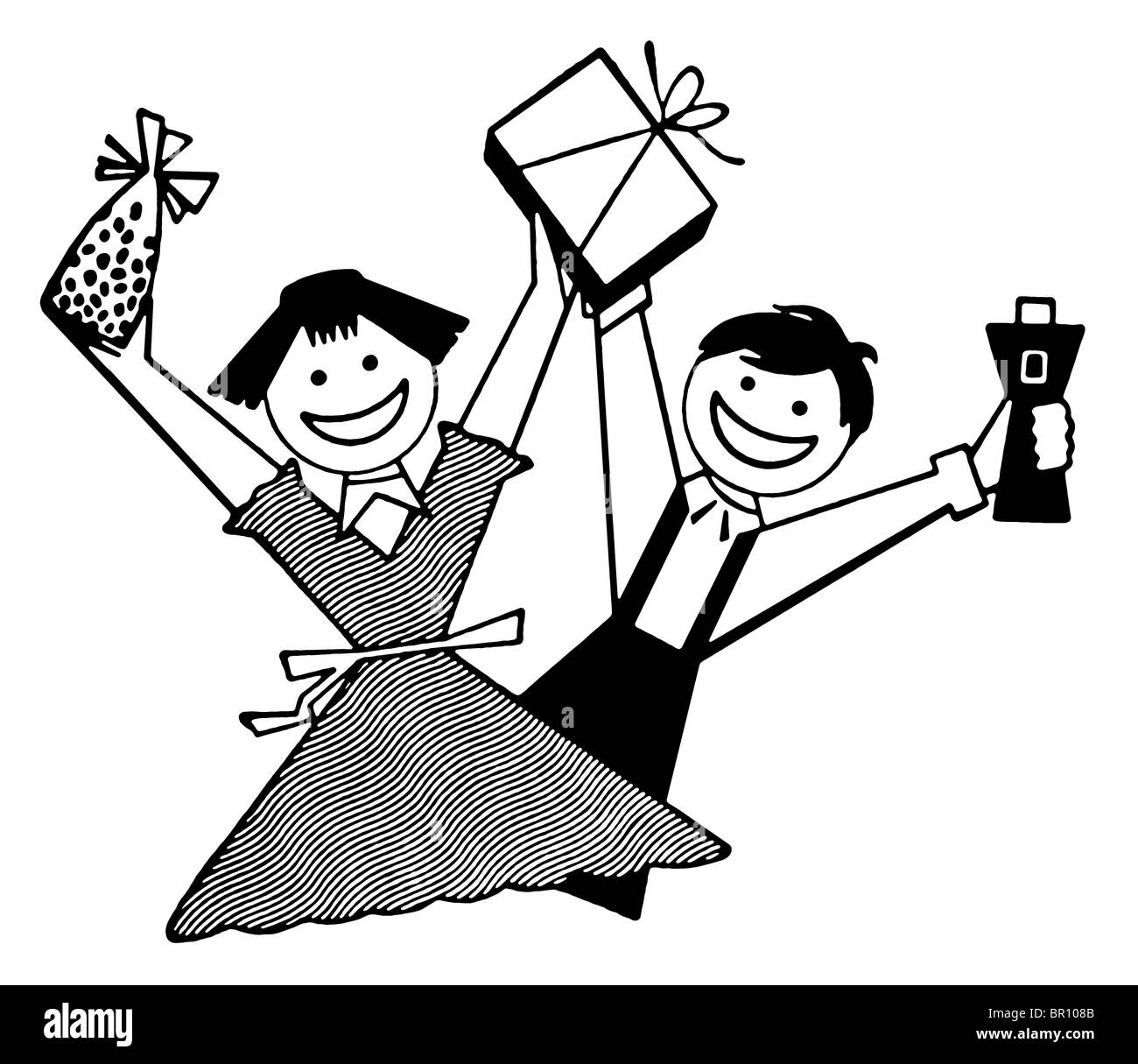 Une version noir et blanc de deux enfants heureux avec leurs cadeaux Banque D'Images
