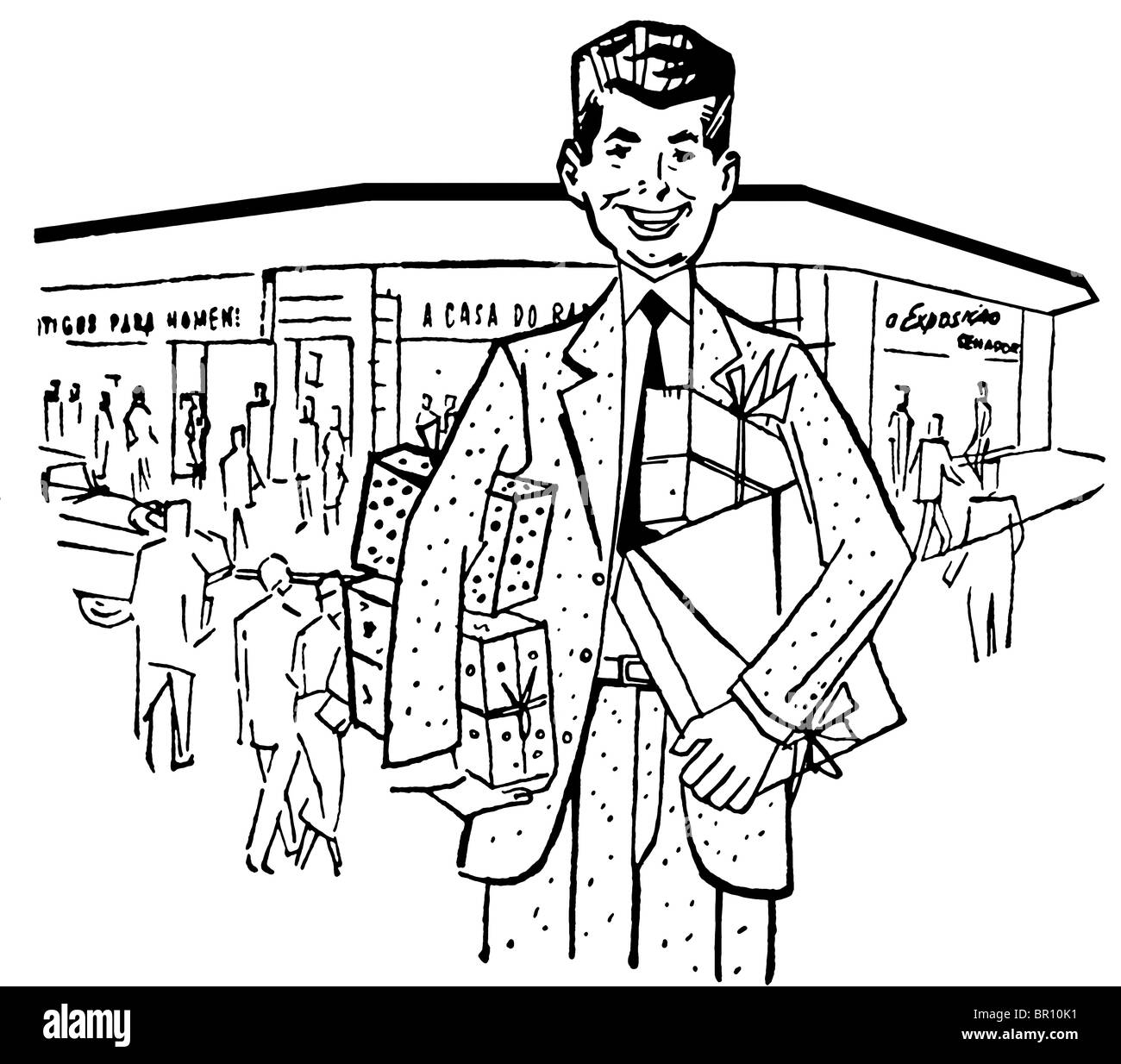 Une version noir et blanc d'une illustration d'un homme d'affaires à l'extérieur de son magasin/ Banque D'Images