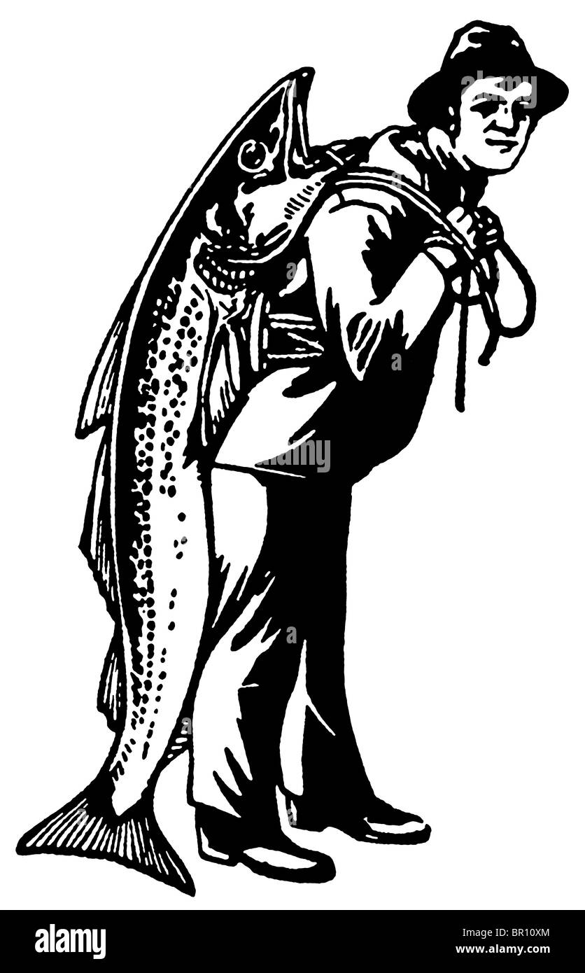 Une version noir et blanc d'un homme portant un poisson presque aussi gros que lui Banque D'Images