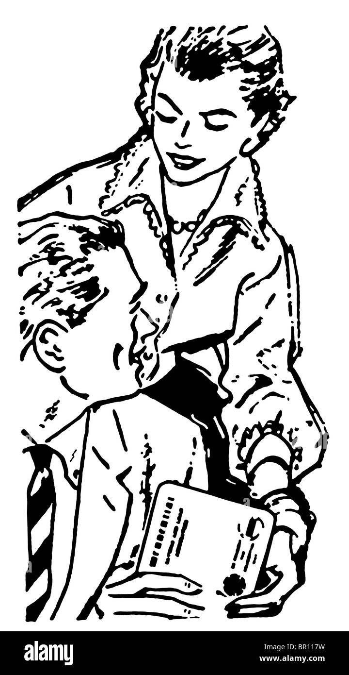 Une version noir et blanc d'une femme de remettre un colis à son mari Banque D'Images