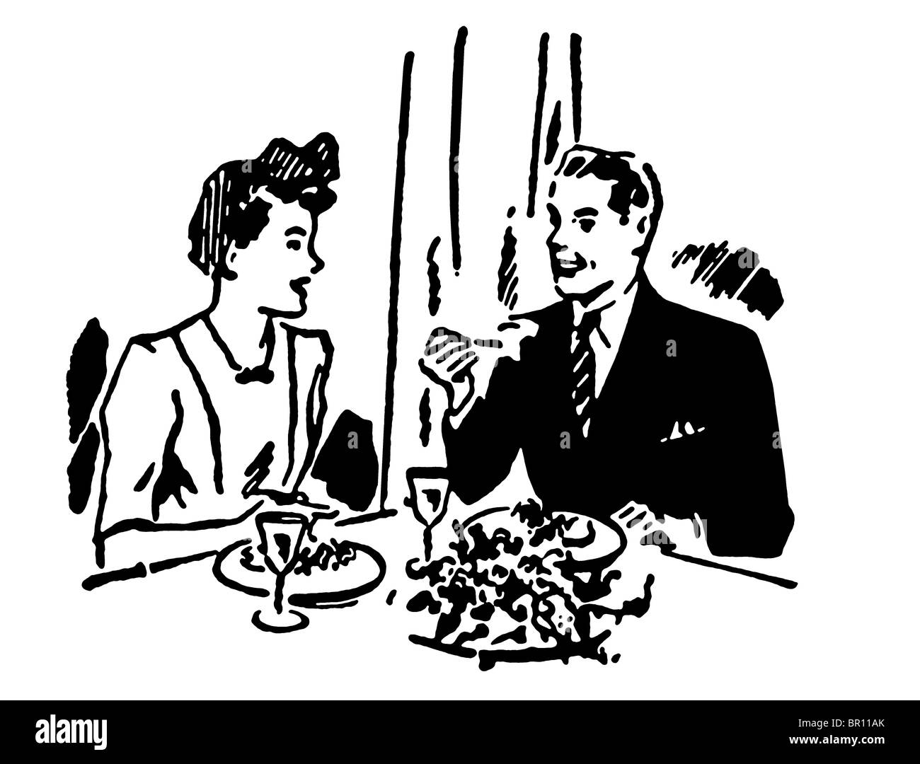 Une version noir et blanc d'une illustration vintage d'un couple bénéficiant d'un repas dans un restaurant. Banque D'Images