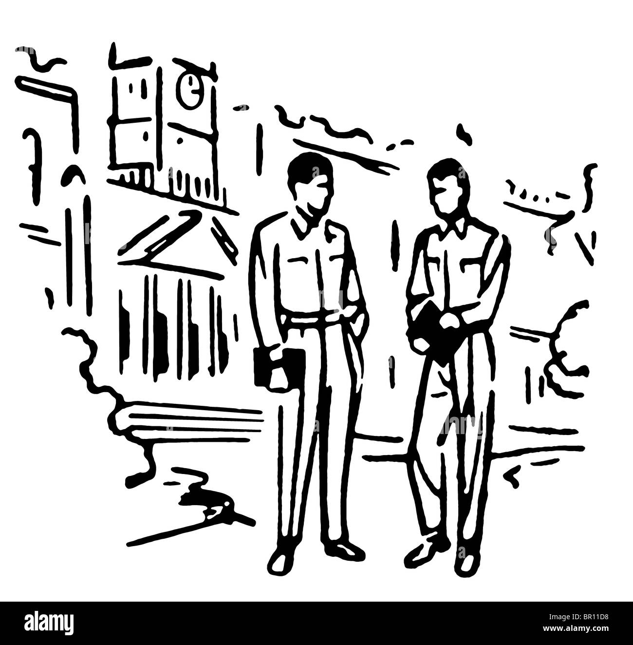 Deux hommes debout en face d'un établissement d'enseignement Banque D'Images