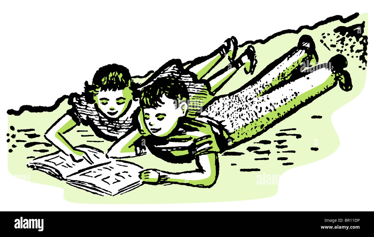 Un vintage illustration de deux enfants à faire leurs devoirs ensemble Banque D'Images