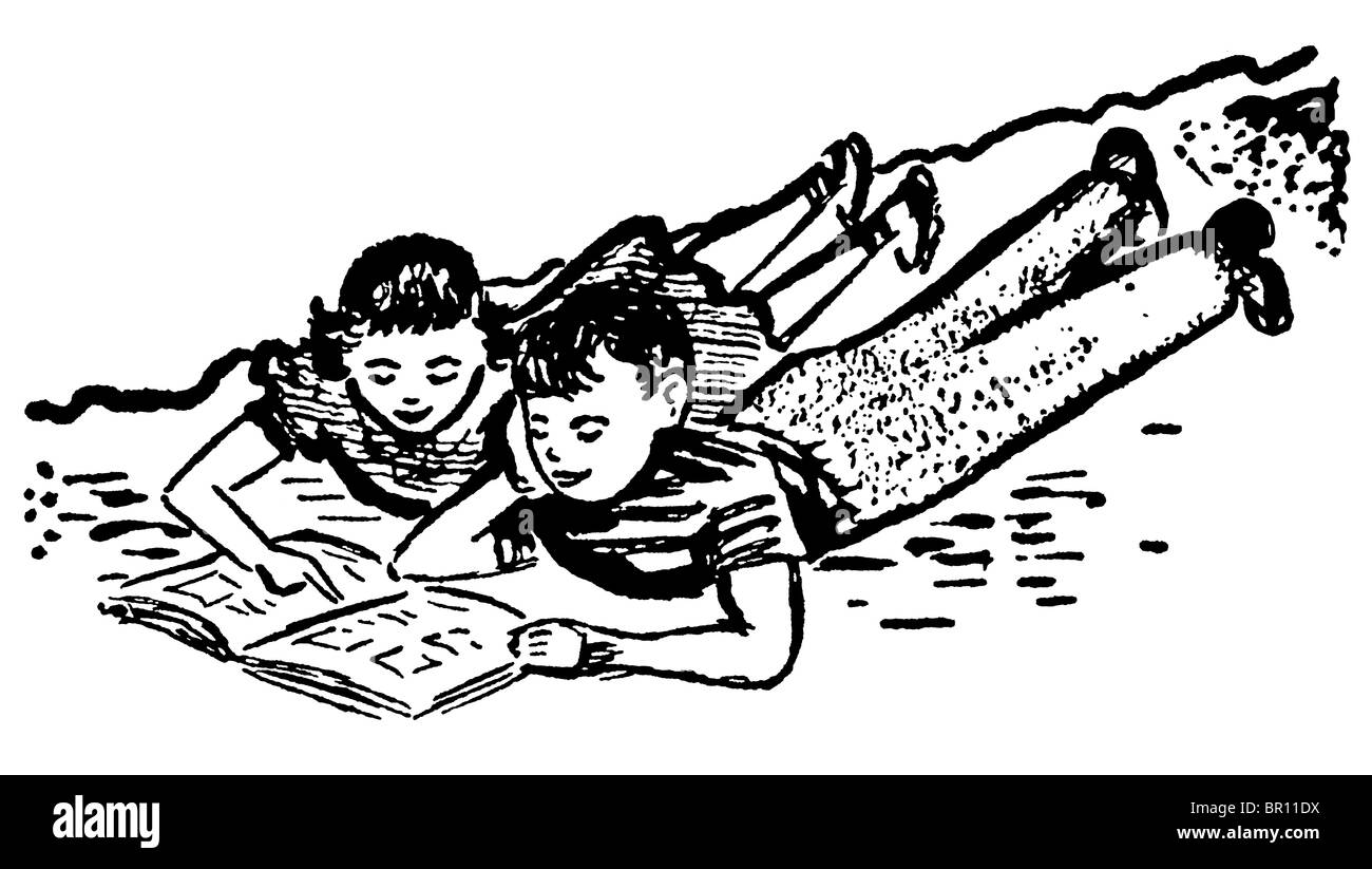 Une version noir et blanc d'un vintage illustration de deux enfants à faire leurs devoirs ensemble Banque D'Images