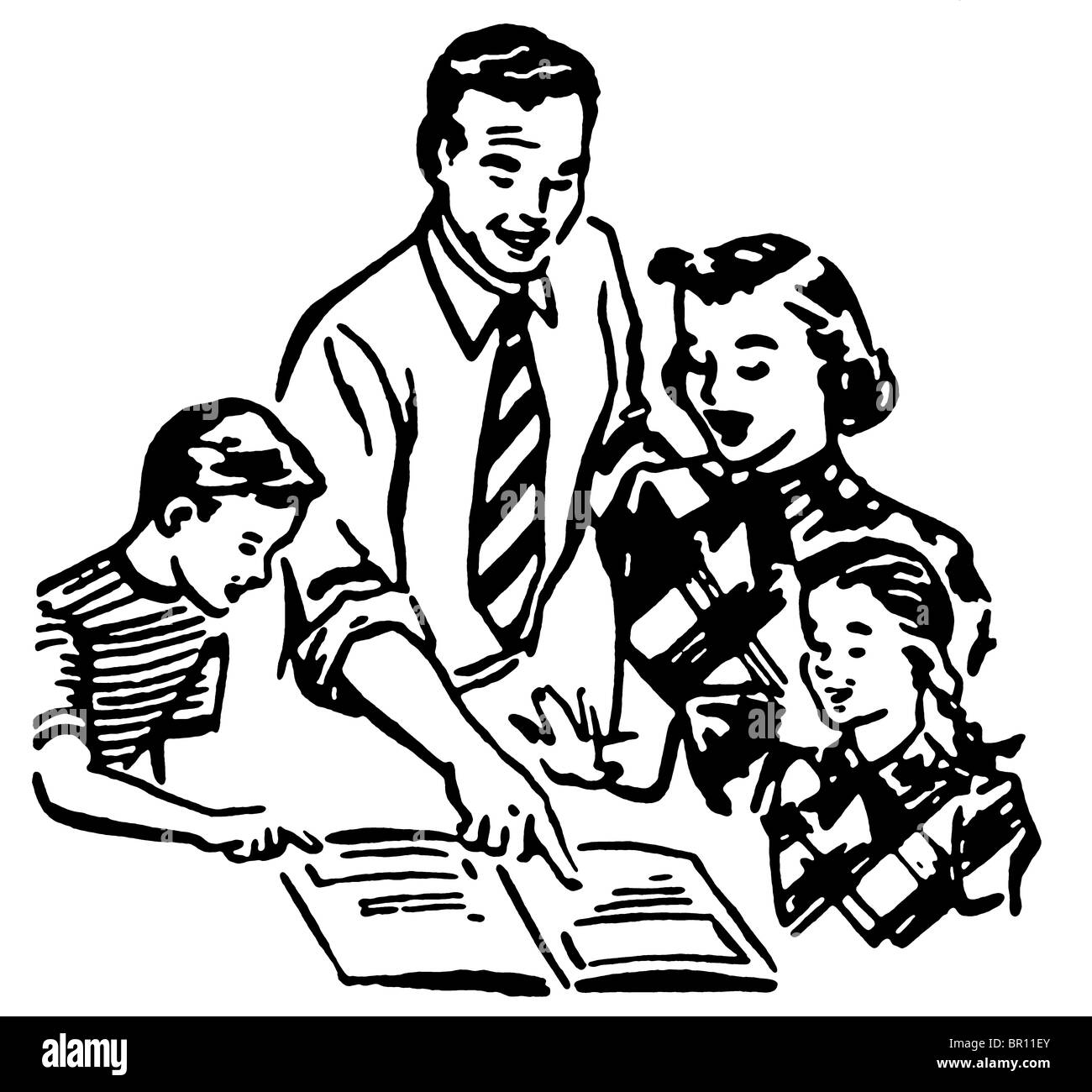 Une version noir et blanc d'une illustration vintage d'une famille travaillent ensemble Banque D'Images
