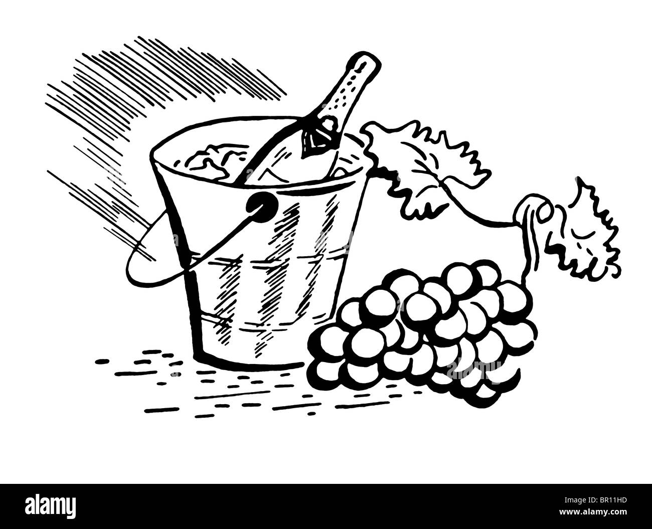 Une version noir et blanc d'un vintage illustration d'une bouteille de vin et de raisins frais Banque D'Images
