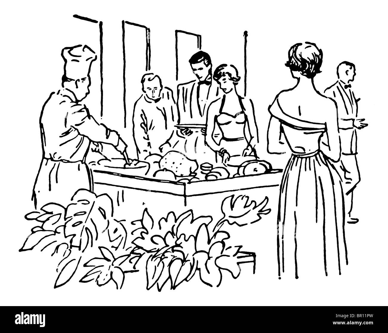 Une version noir et blanc d'une illustration vintage d'un groupe bénéficiant d'un buffet Banque D'Images