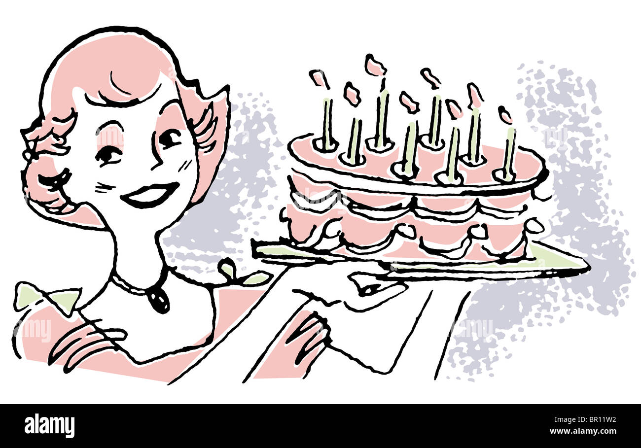 joyeux anniversaire. femmes âgées avec un gâteau d'anniversaire et fête.  fête d'amis. des confettis volent dans les airs. carte de voeux.  illustration vectorielle 17203801 Art vectoriel chez Vecteezy