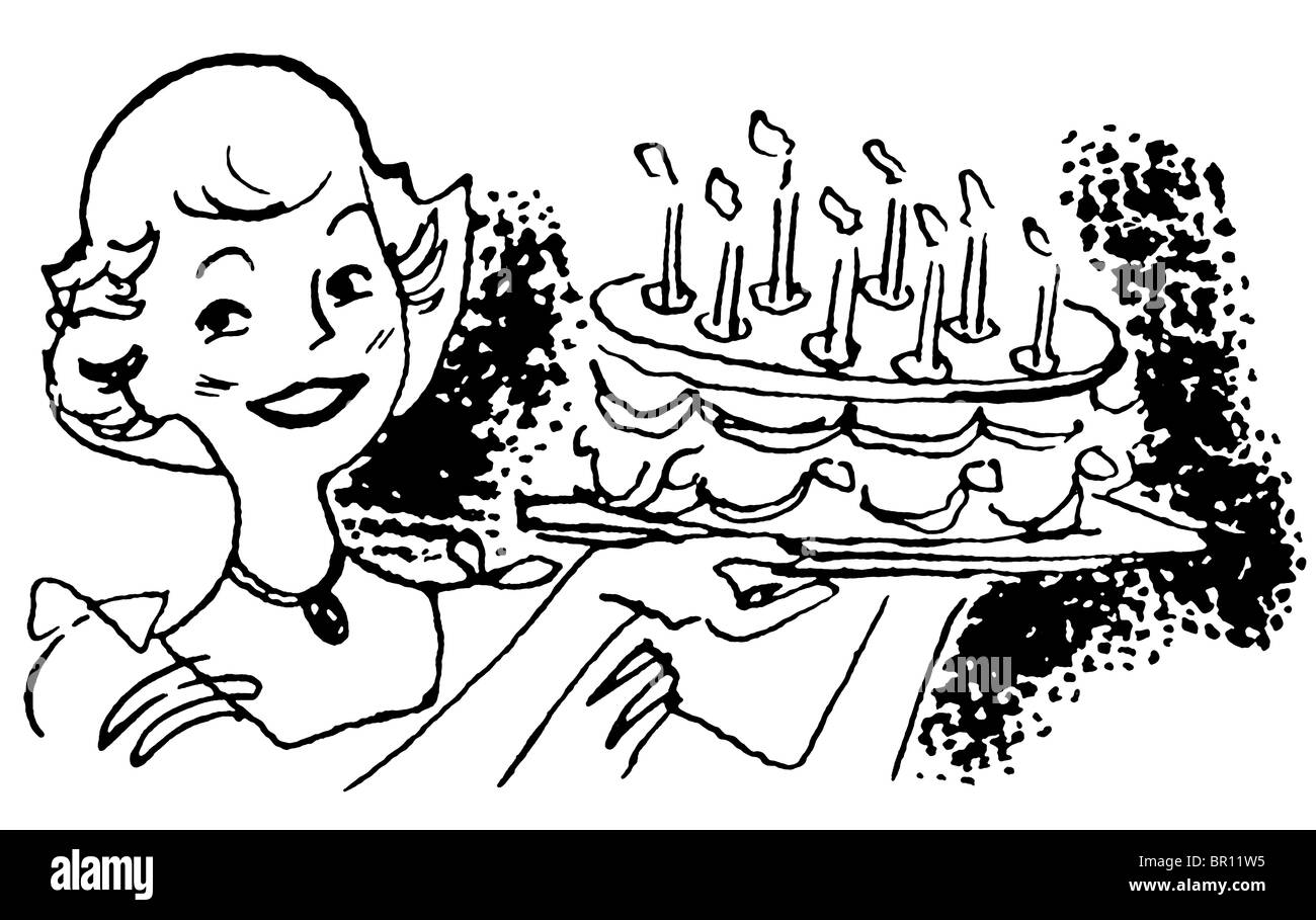 Une version noir et blanc d'un vintage illustration of a woman holding a birthday cake Banque D'Images