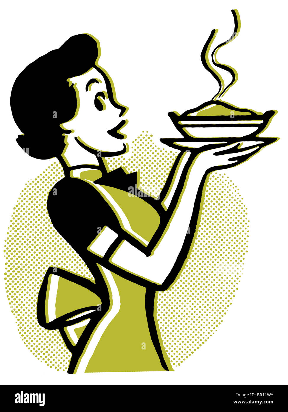 Un dessin animé vintage d'une femme tenant une tarte chaude Banque D'Images