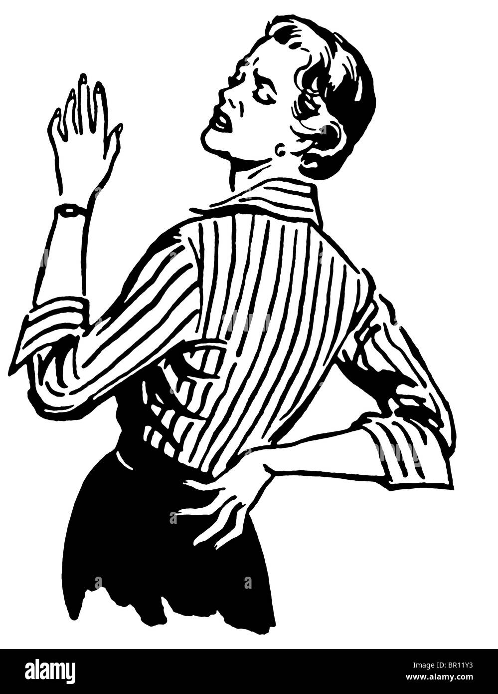 Une version noir et blanc d'une illustration d'une woman stretching her back Banque D'Images