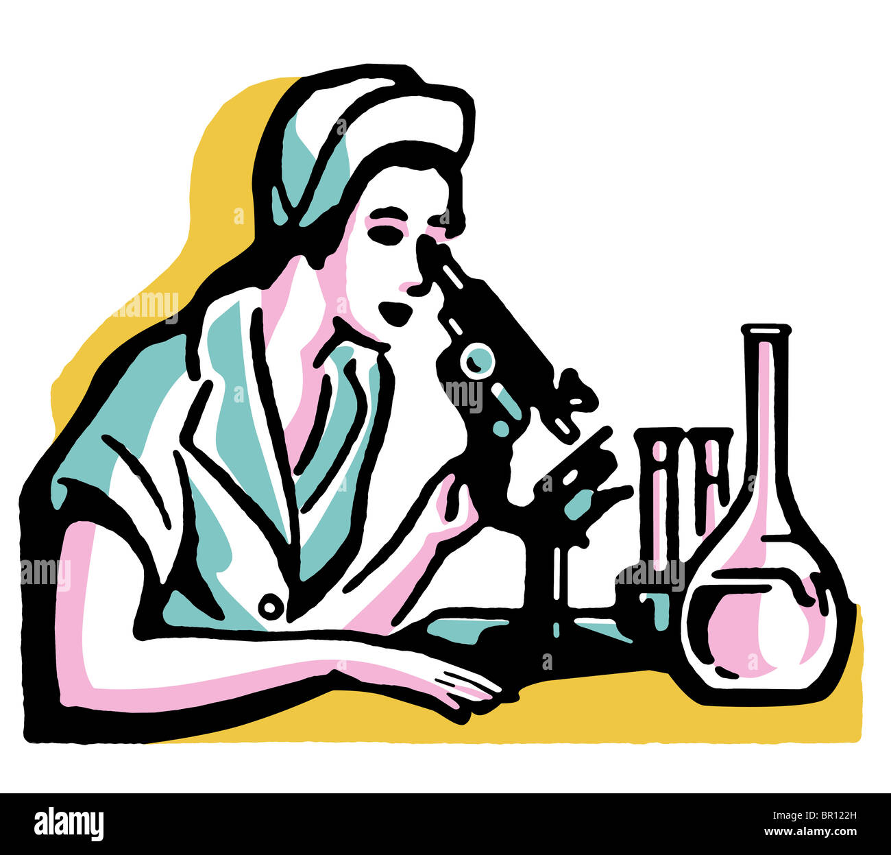 Une illustration vintage d'une femme à la recherche d'un microscope en Banque D'Images