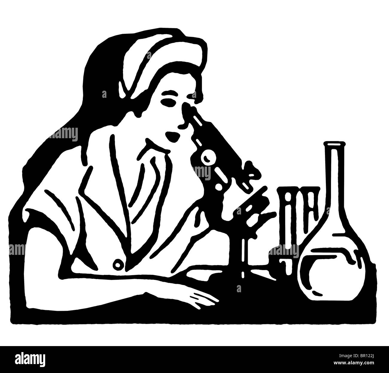 Une version noir et blanc d'une illustration vintage d'une femme à la recherche d'un microscope en Banque D'Images