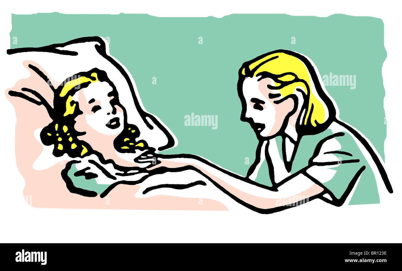 Une illustration d'une mère au chevet d'un enfant malade Banque D'Images