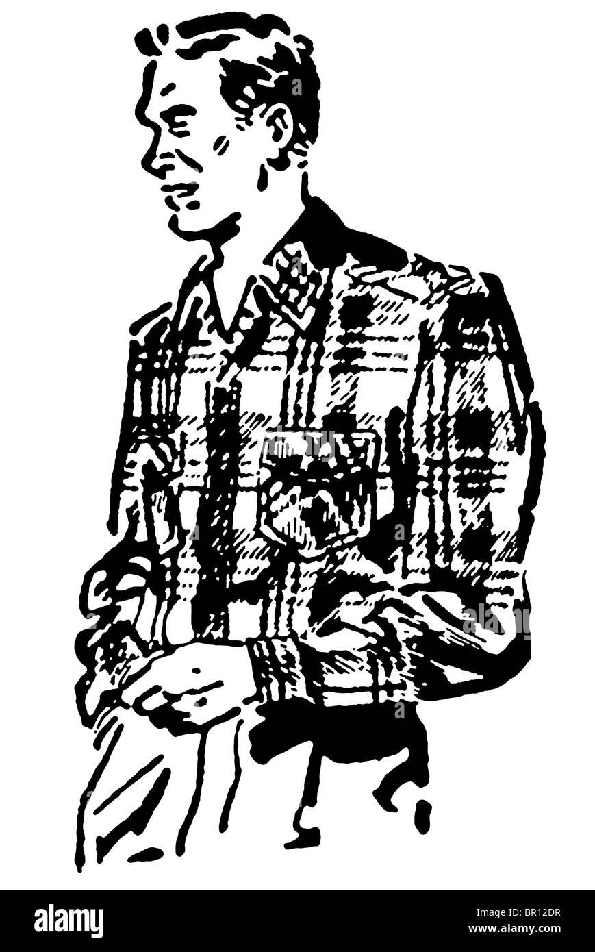 Une version noir et blanc d'une illustration vintage d'un homme en chemise à carreaux Banque D'Images
