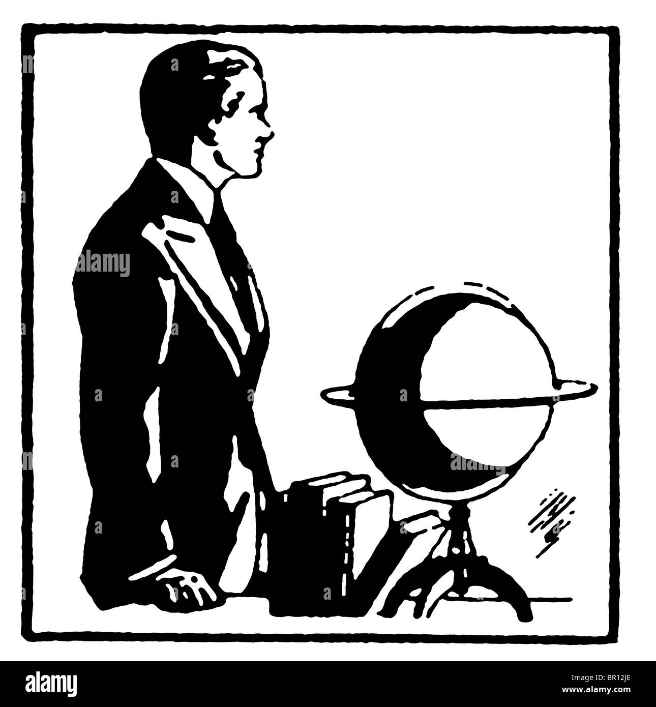 Une version noir et blanc d'un dessin graphique d'un homme avec un globe Banque D'Images