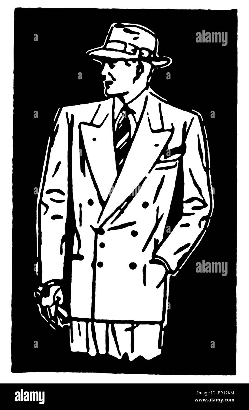 Une version noir et blanc d'un dessin graphique d'un personnage de détective Banque D'Images