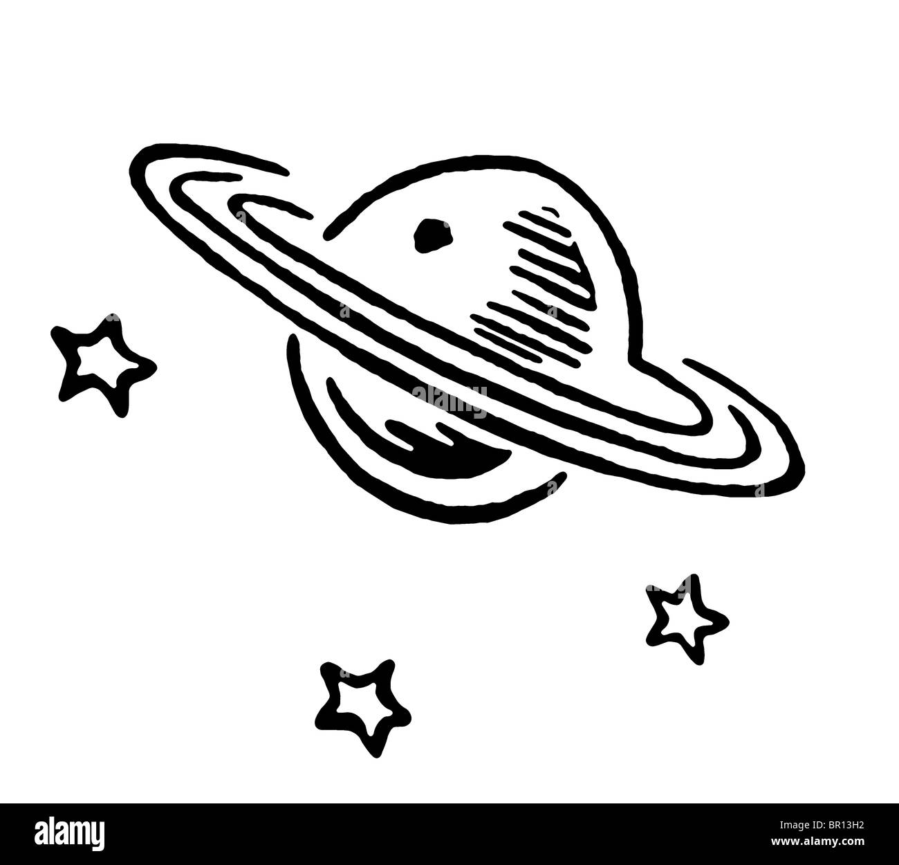 Une version noir et blanc de Saturne et de trois étoiles Banque D'Images