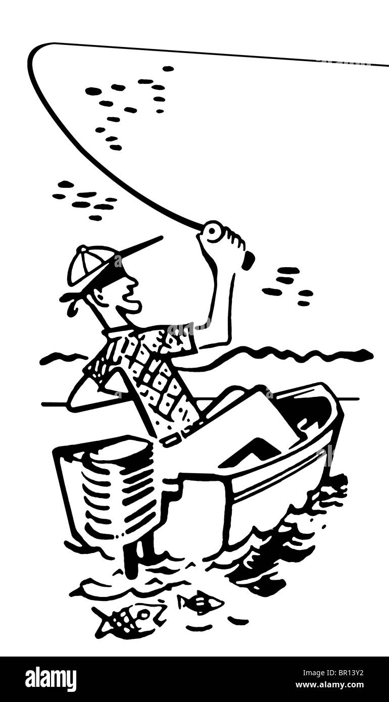 Une version noir et blanc d'une image d'un style cartoon man fishing Banque D'Images